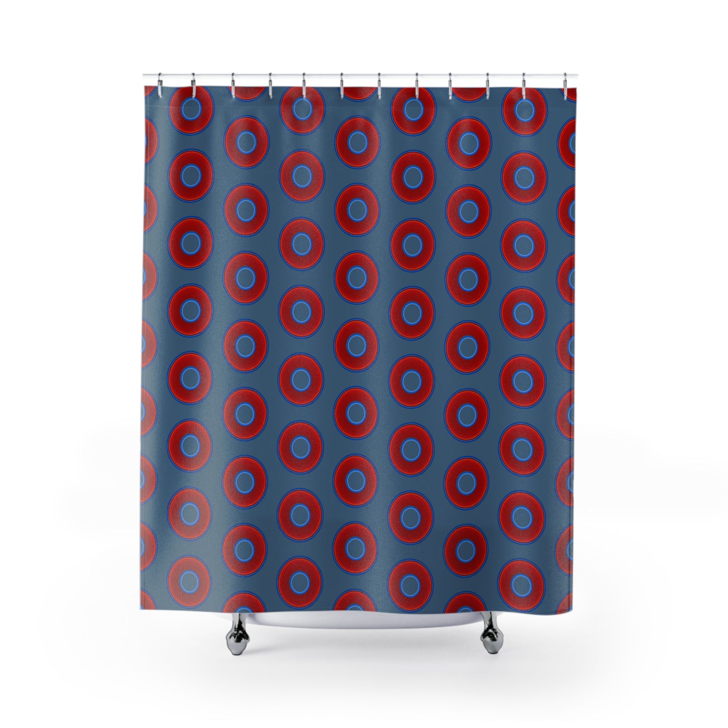 The Curtain With "Donuts" - Lumpy Bath Time Fun - vivid red donuts w/steel blue background