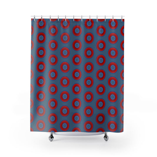 The Curtain With "Donuts" - Lumpy Bath Time Fun - vivid red donuts w/steel blue background