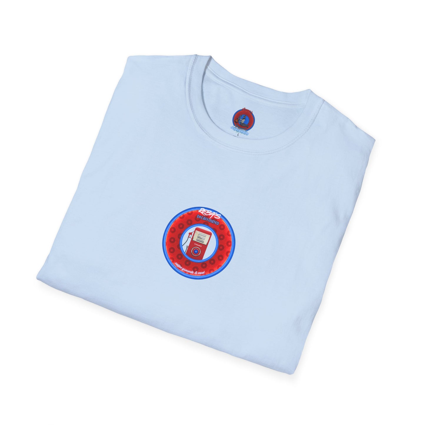 Coffee Traders Tee - Unisex Soft-Style - "Reba's Decaf: Coffee Grounds & Mud " - paradoxical donut - variant 3- front Reba/back logo