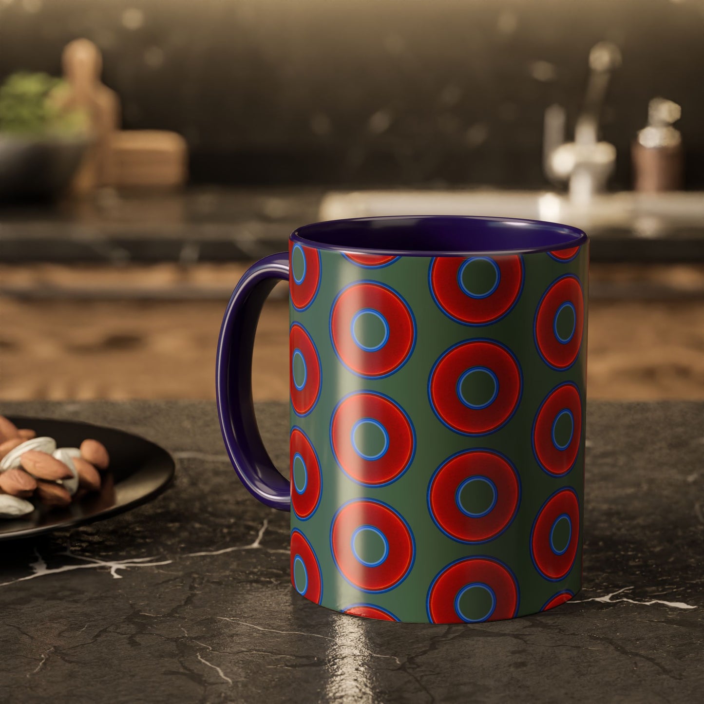Lump's Grumpy Coffee Mug - vivid red donuts w/Fenway green background
