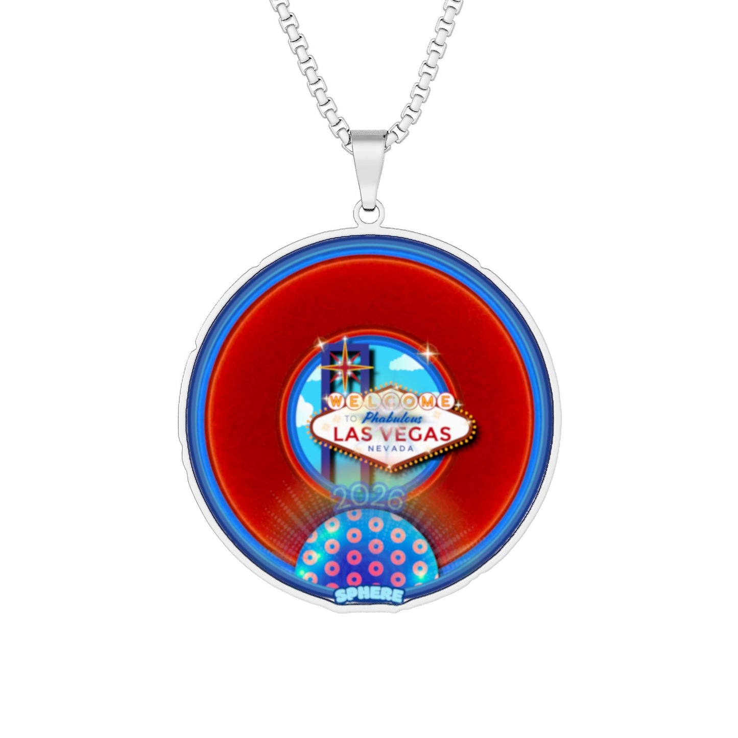 Lump's Heady Donut Necklace - 1" x 1" Stainless Steel Pendant - "Viva Las Vegas Donut" - vivid red/blue donut