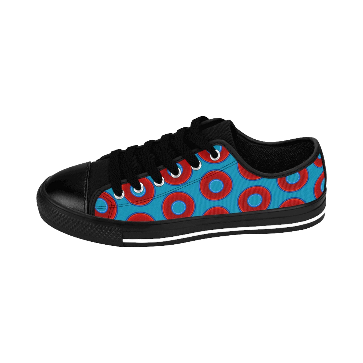 Women's Cushiony Convectors - Low Top - large red vivid donut print w/aquamarine blue background