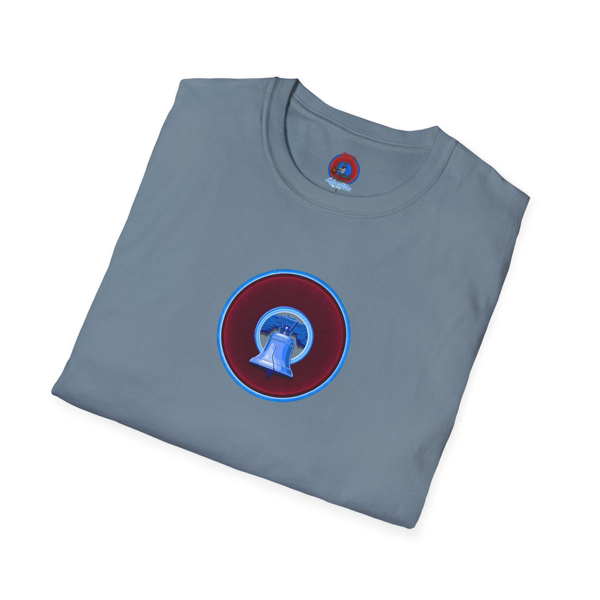 Classic Donut Tee - Unisex Soft-Style - "Brotherly Donuts Jawn" - vivid dark purple-red/light blue donut