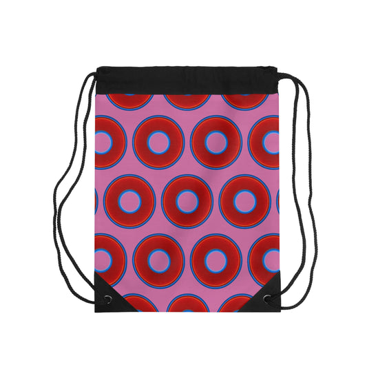 Lumpy Donut Drawstring Bag - red vivid donuts print w/light pink background