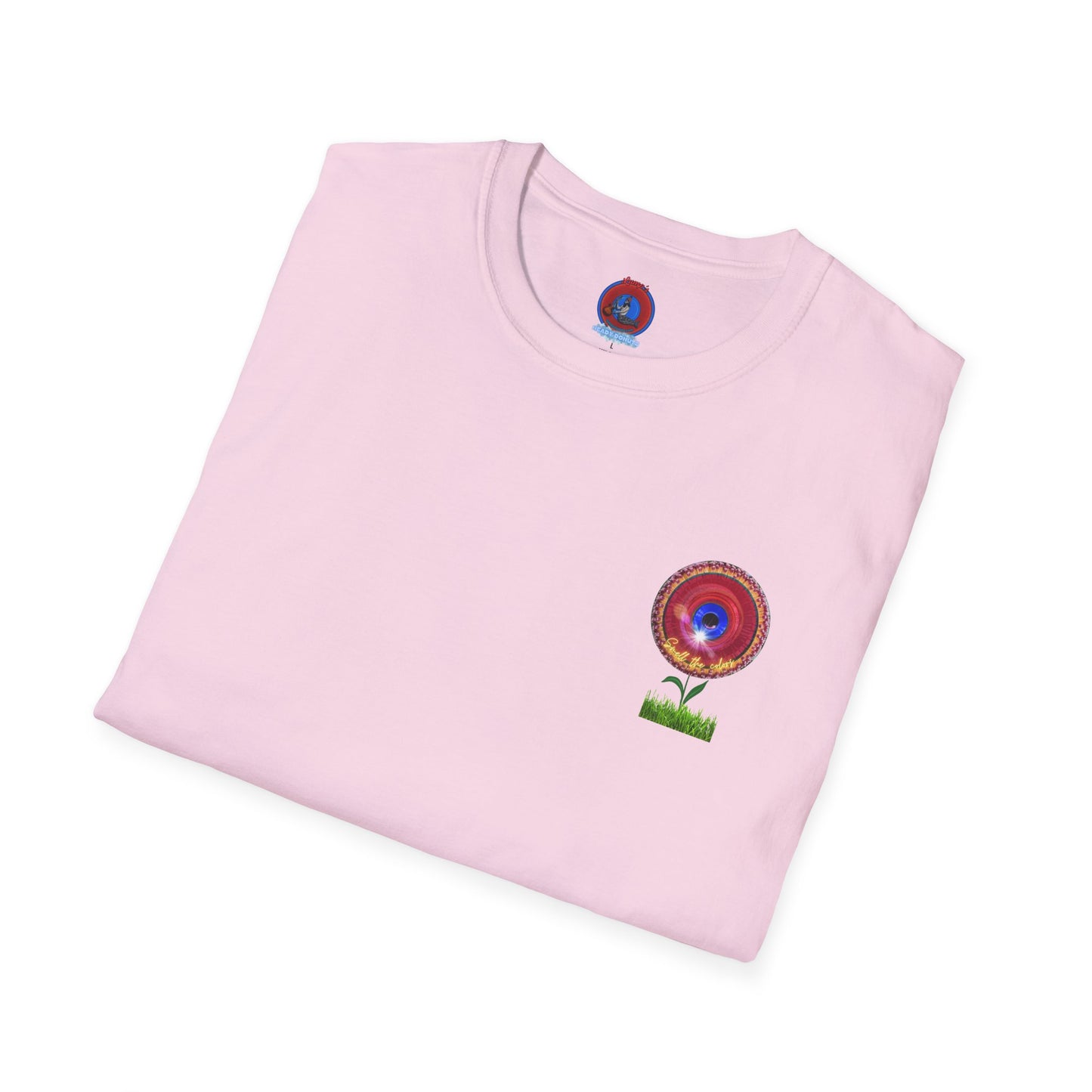 Classic Donut Tee - Unisex Soft-Style - "Smell the Donuts Outside on my Lawn"  " variant 2 - blue donut on red donut/flower