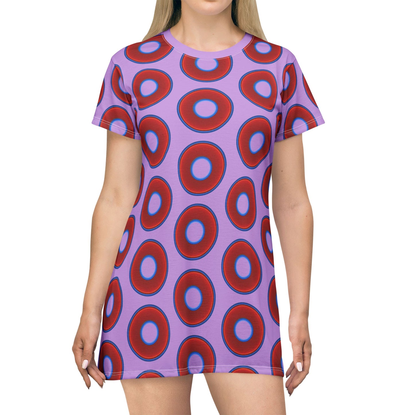 Not a Muumuu AOP Tee Shirt Dress - red vivid donuts w/wisteria purple background