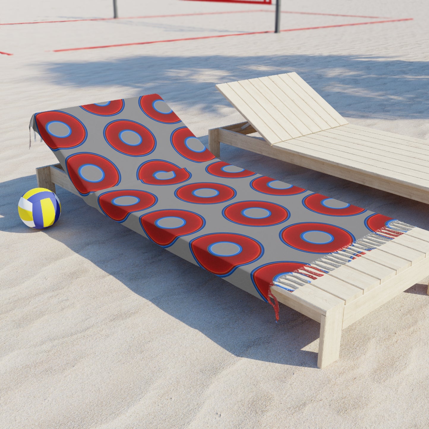 Oversized Lumpy Beach Towel - vivid red donuts w/light gray background