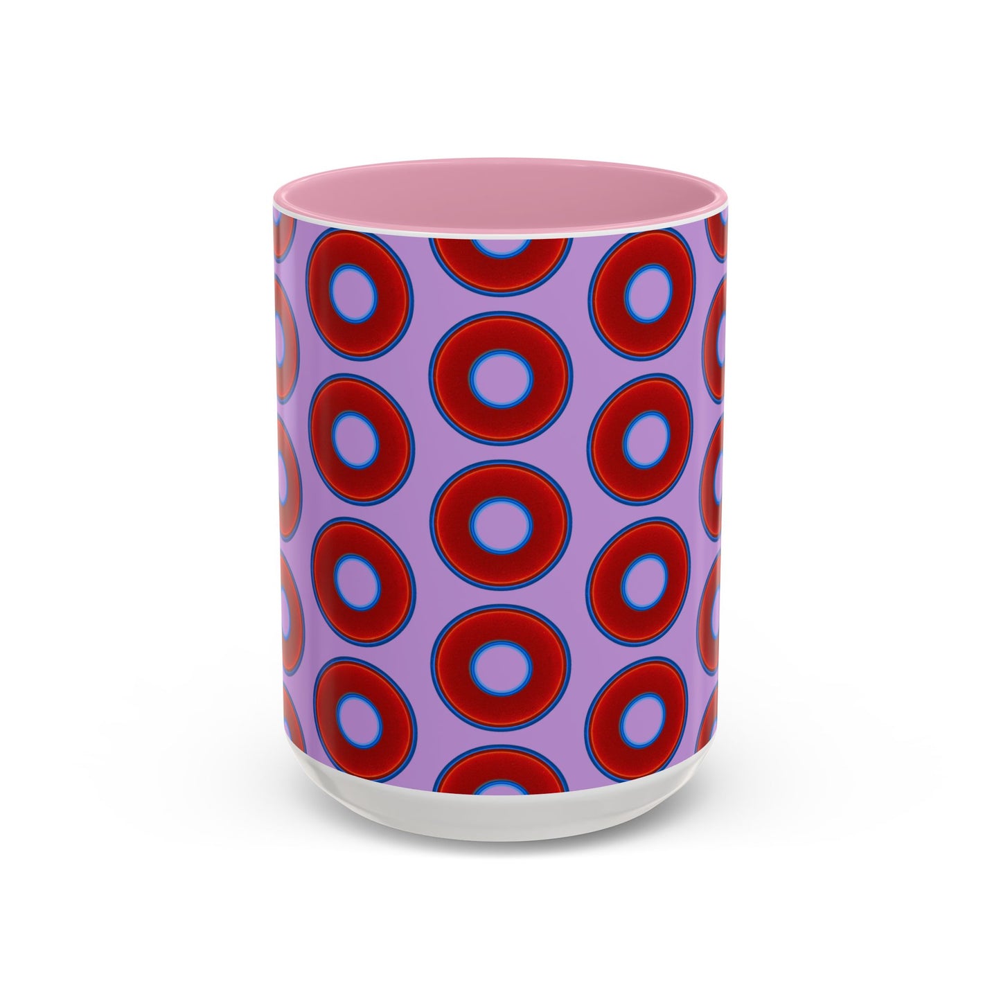 Lump's Grumpy Coffee Mug - vivid red donuts w/wisteria purple background