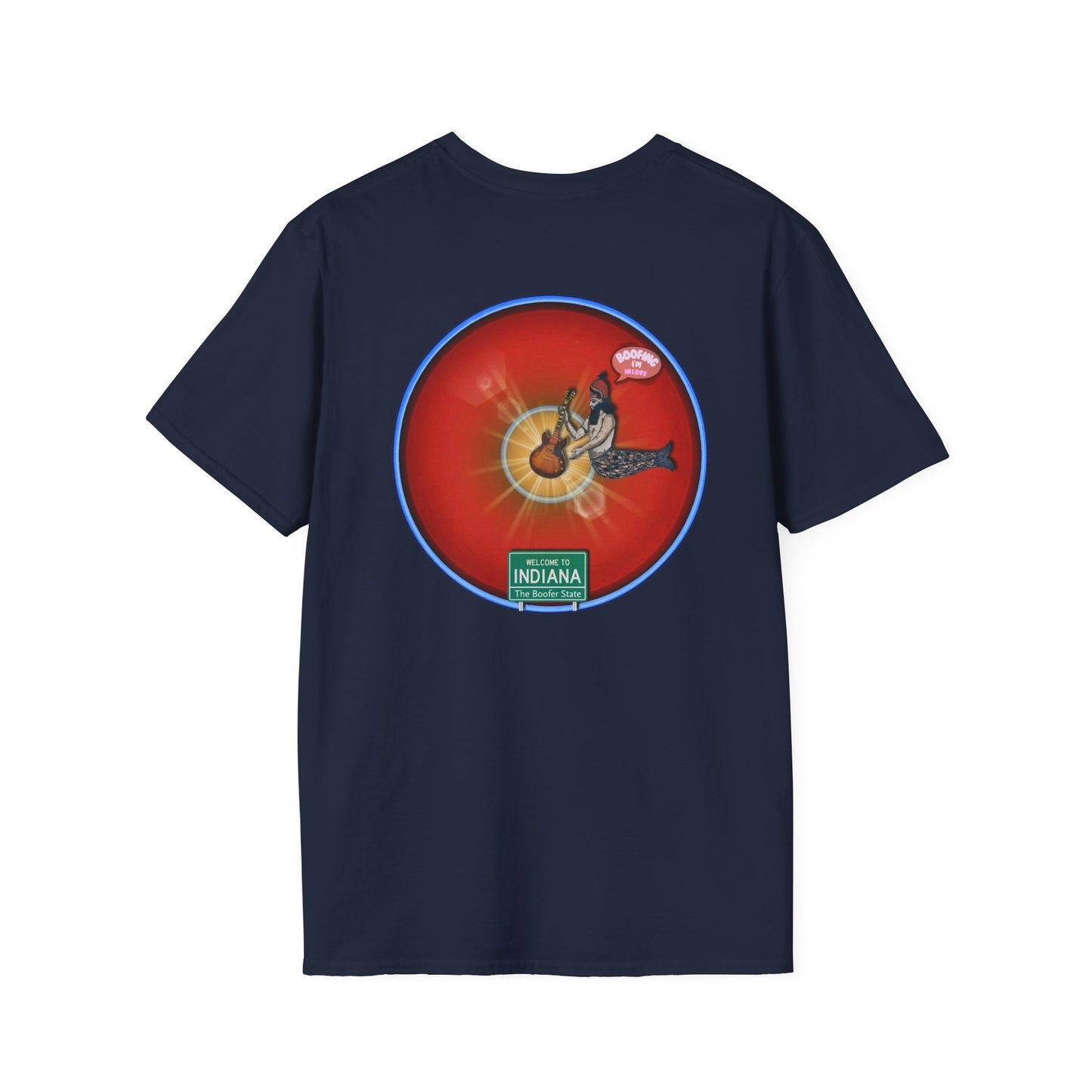 Classic Donut Tee - Unisex Soft-Style - "Indiana is for Boofers" - vivid red/blue plumpy donut - variant 2 - w/sun drop