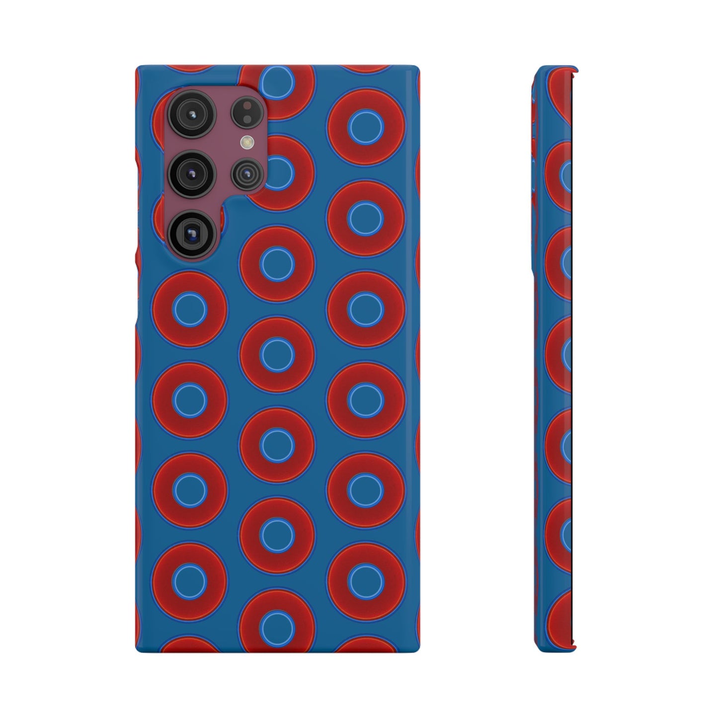 Lumpy Donut Snap Case - red vivid donut print w/wavy navy blue background