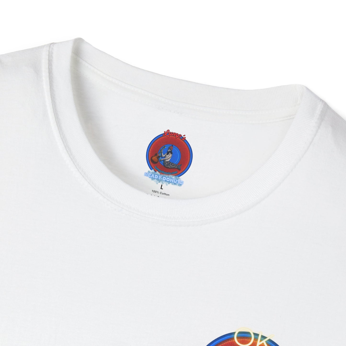 Classic Donut Tee - Unisex Soft-Style - "Donuts: Conjurers of Awesome" - series 1.0  - variant 3 - w/"okay" - red donut