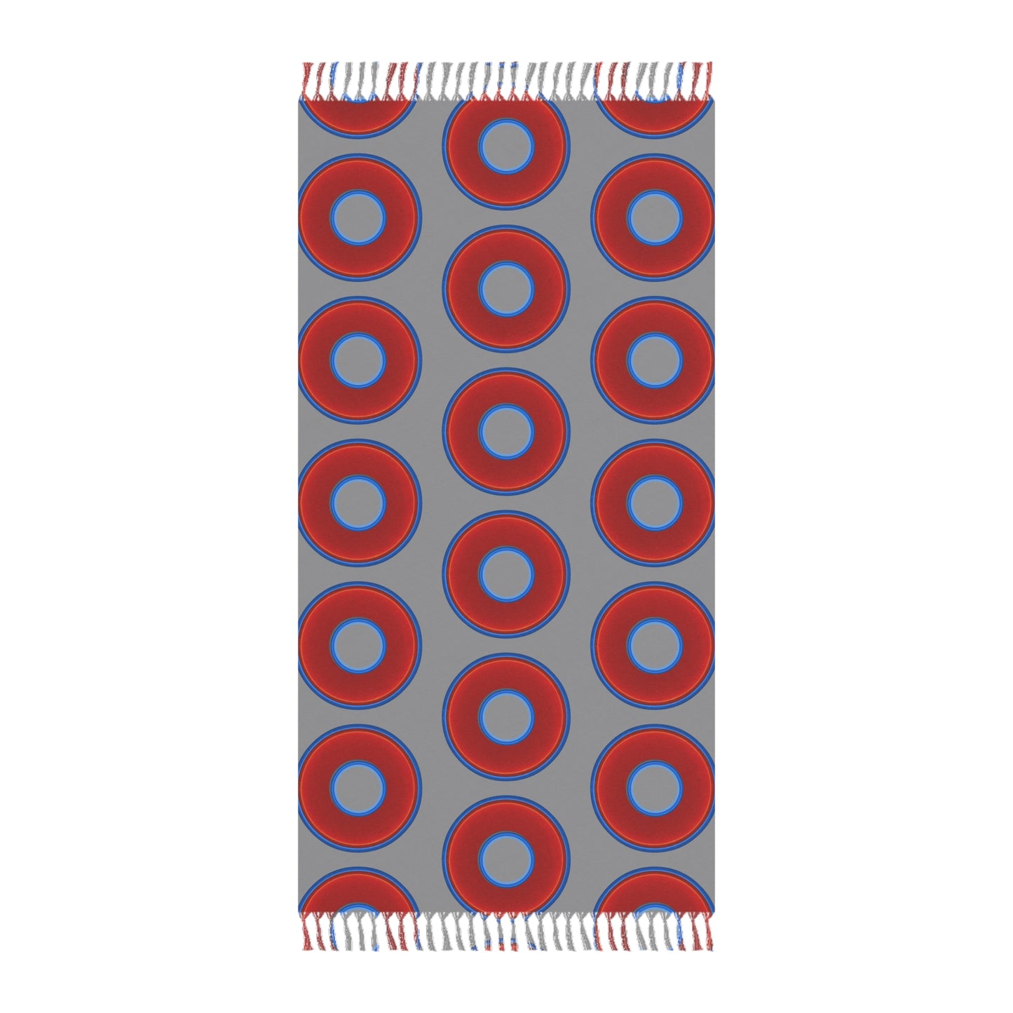 Oversized Lumpy Beach Towel - vivid red donuts w/light gray background