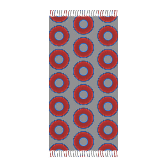 Oversized Lumpy Beach Towel - vivid red donuts w/light gray background