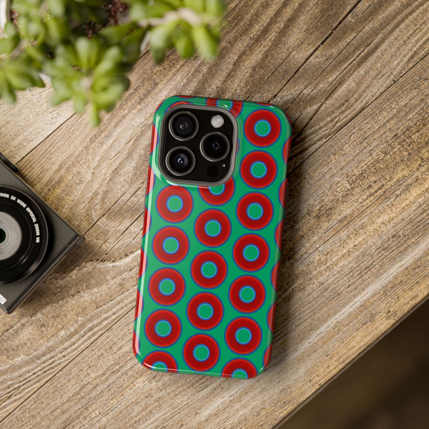 Magnetic Tough Donut Case - red vivid donut print w/jade green background