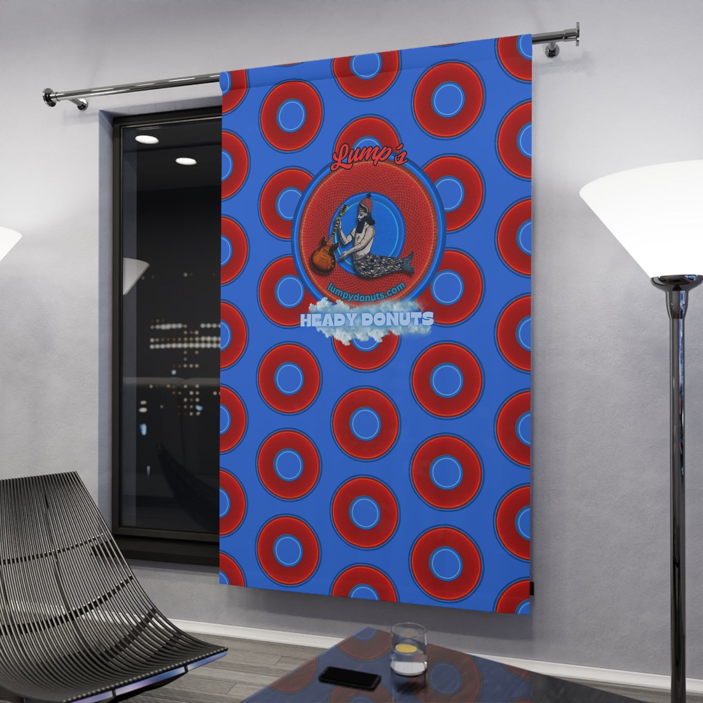 Lump's Heady Curtain w/Donuts - "Lump's Office Curtains" vivid red donut print - w/medium royal blue background - [*1 Piece / 50" x 84"]