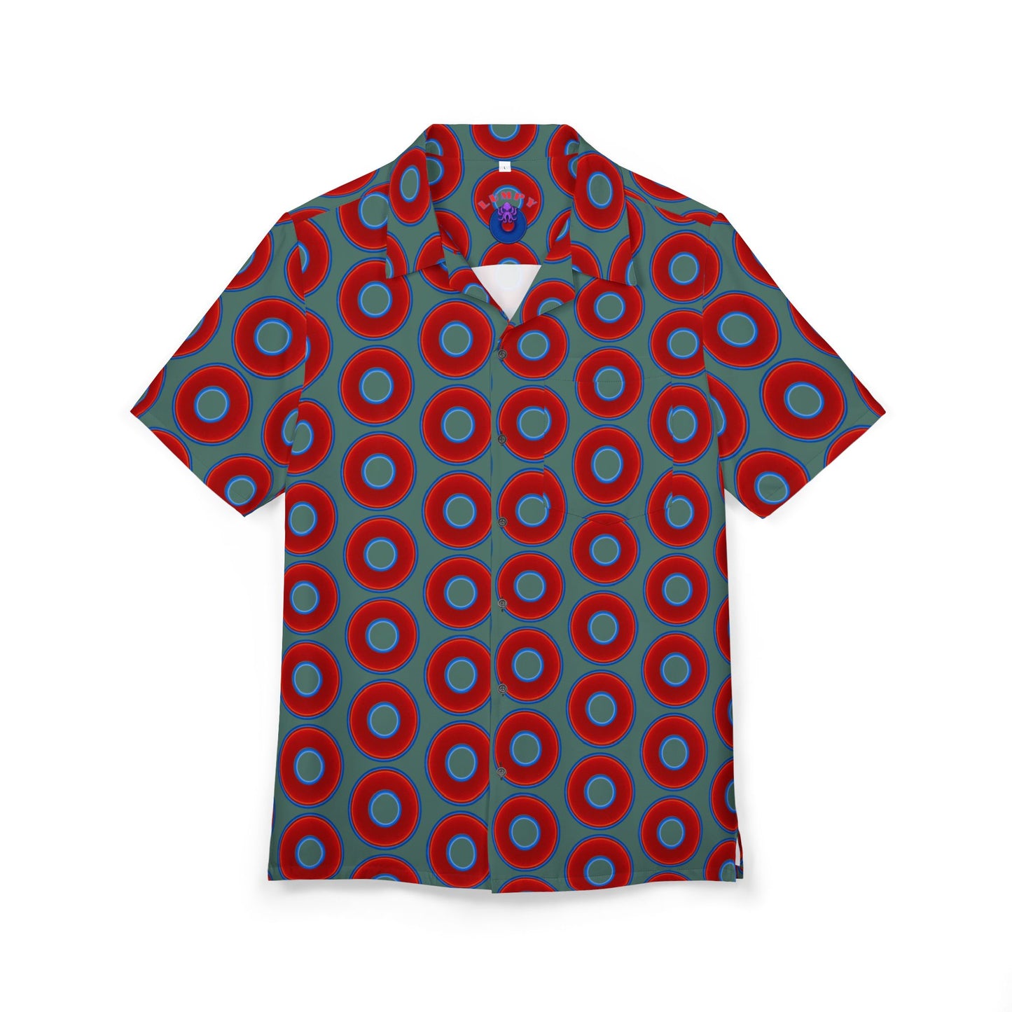 Wilson's 'Epic Hawaiian-Punch' Shirt - vivid red donut print w/Fenway green background [unisex]