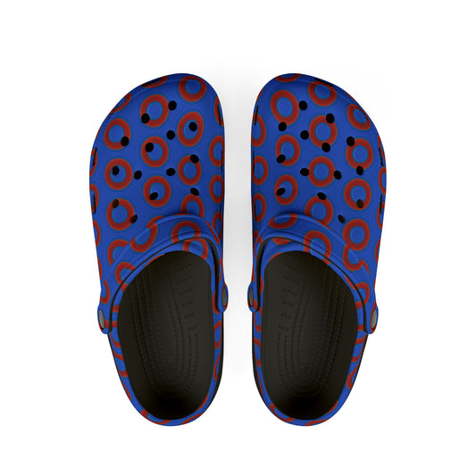 Spatchcocks - donut slip-on shoes - red rustic donuts w/royal blue background [unisex]