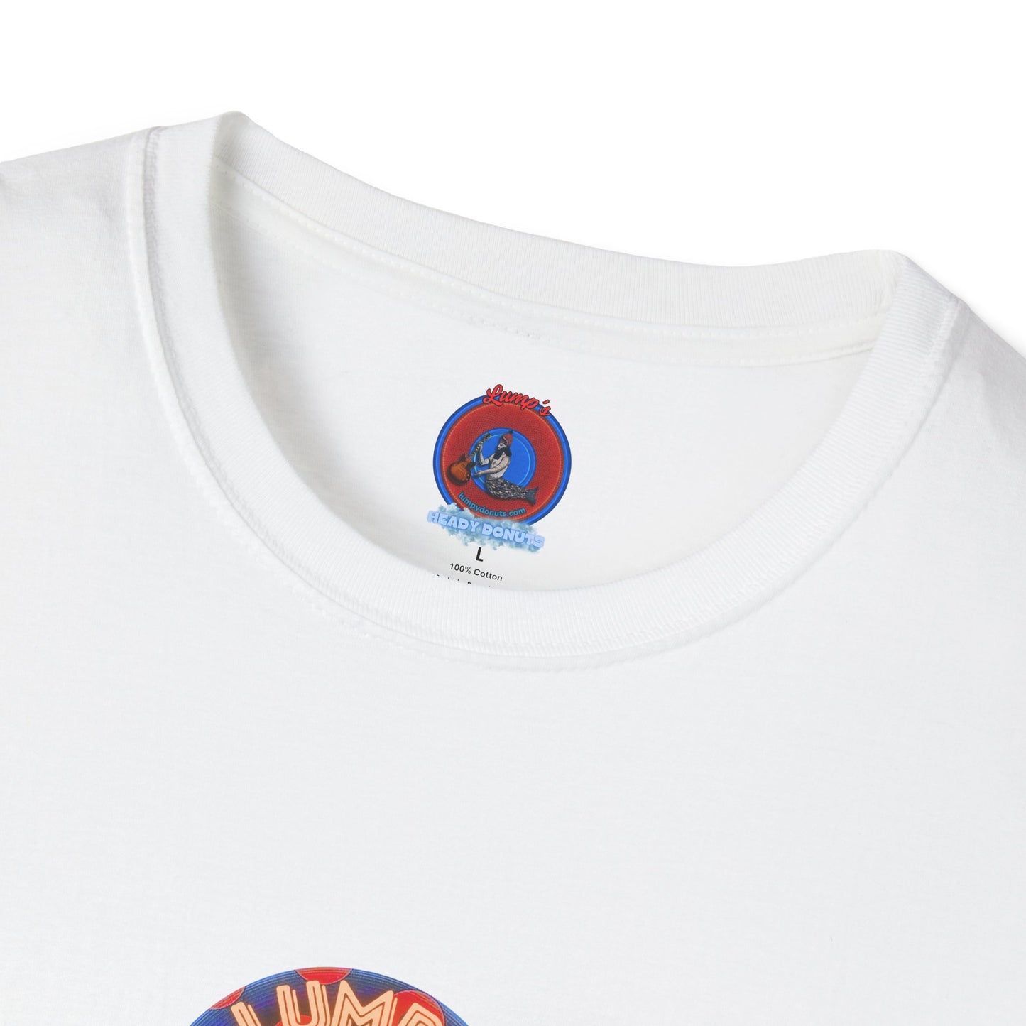 Coffee Traders Tee - Unisex Soft-Style - "Reba's Decaf: Coffee Grounds & Mud " - paradoxical donut - variant 2 - logo front/Reba back