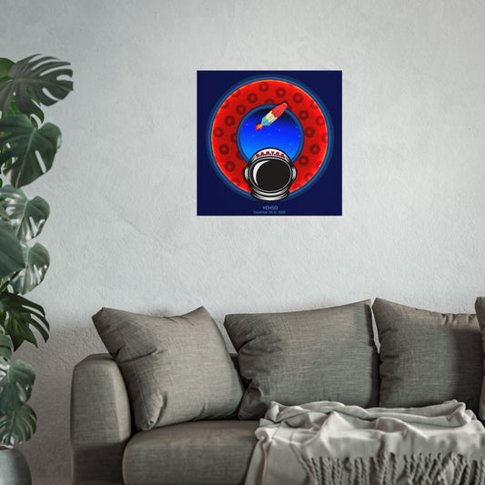 Lumpy Poster Nuts - "This is What Donuts Smell Like in Space - YEMSG Rocket Pop" - 24" x 24" 220gsm Giclée/matte  - rustic blue/red donut on dark blue background