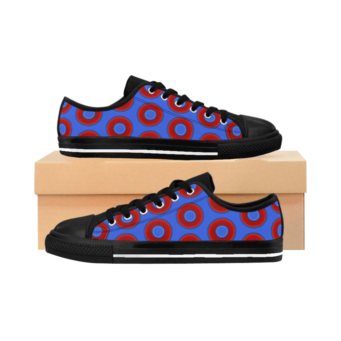 Women's Cushiony Convectors - Low Top - large red vivid donut print w/royal blue background
