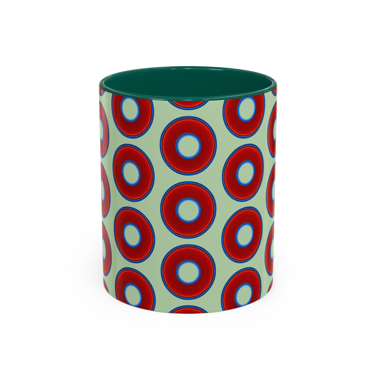 Lump's Grumpy Coffee Mug - vivid red donuts w/seafoam background