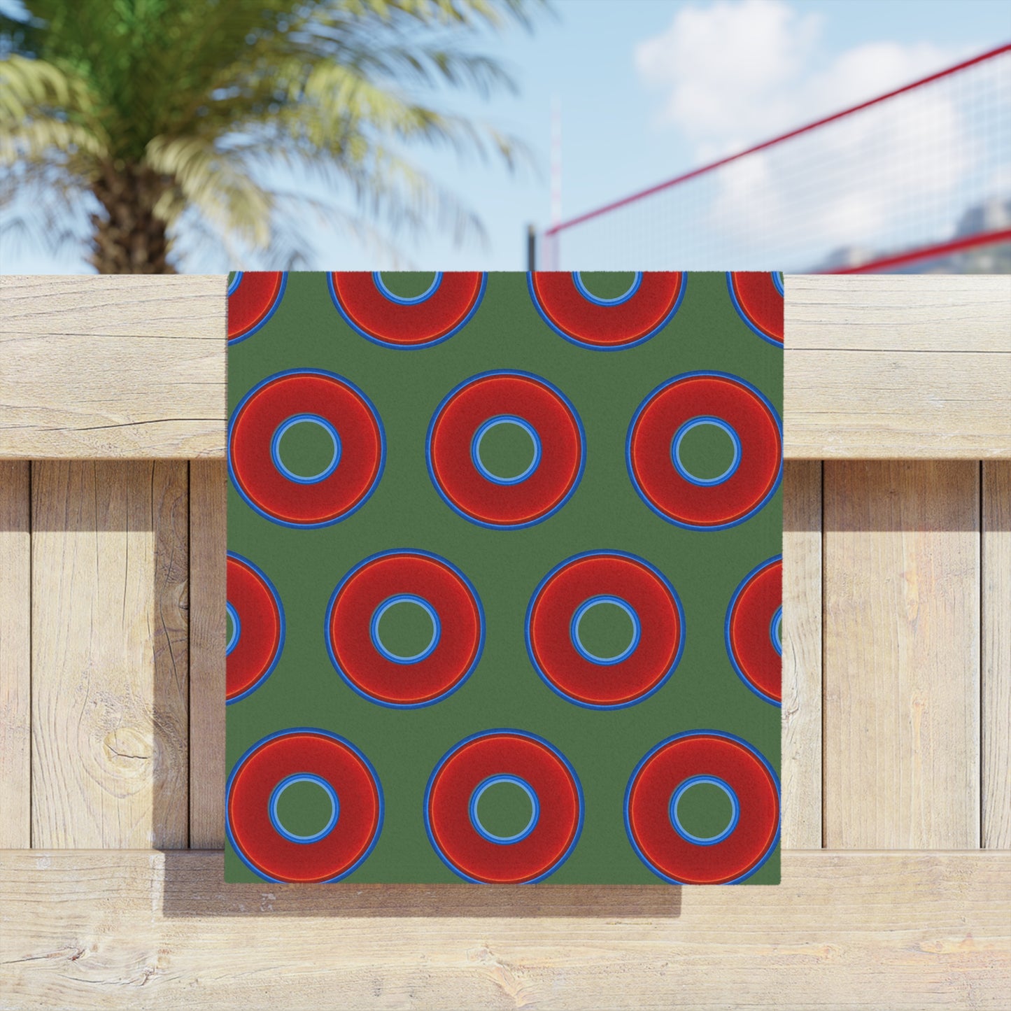 Lumpy Donut Towels - vivid red donuts w/dark green background