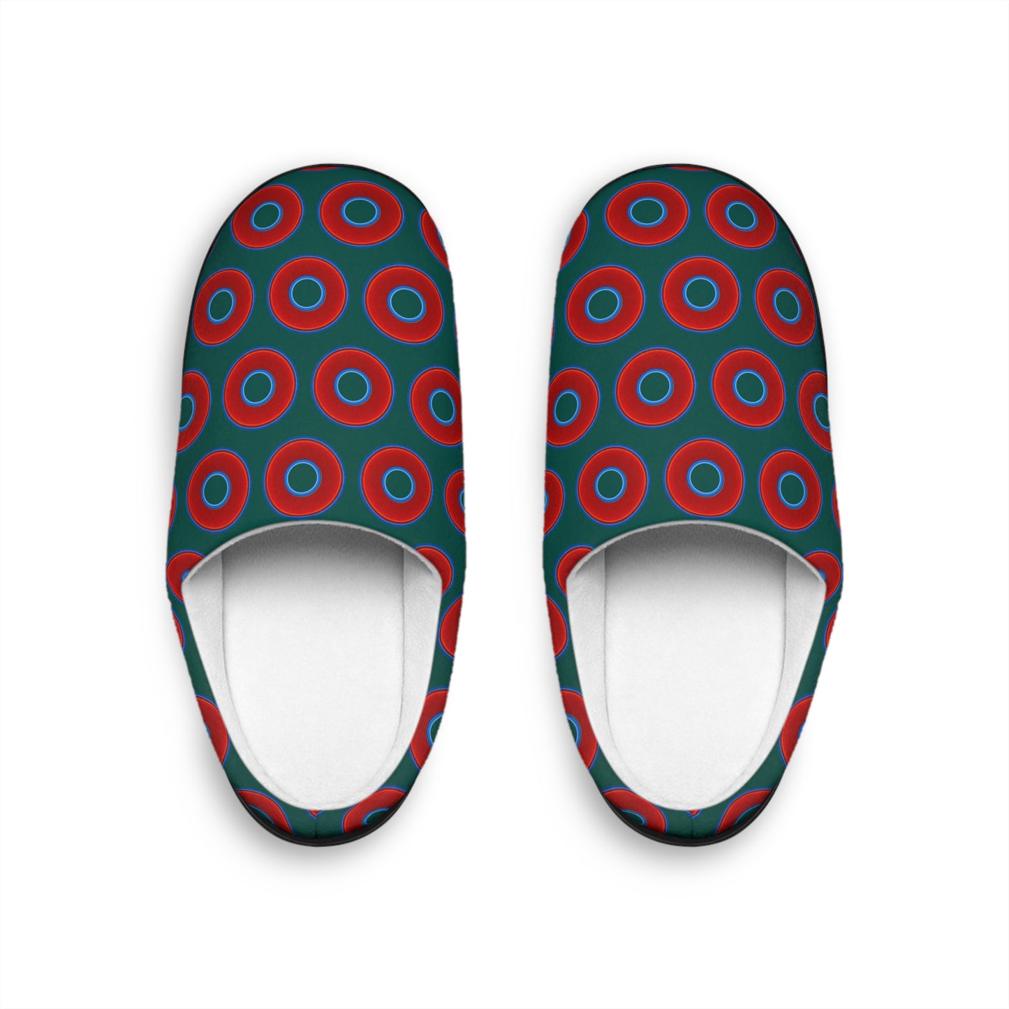 Women's Lumpy Slippers - red vivid donut print w/dark Fenway green background