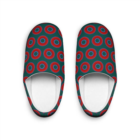 Women's Lumpy Slippers - red vivid donut print w/dark Fenway green background