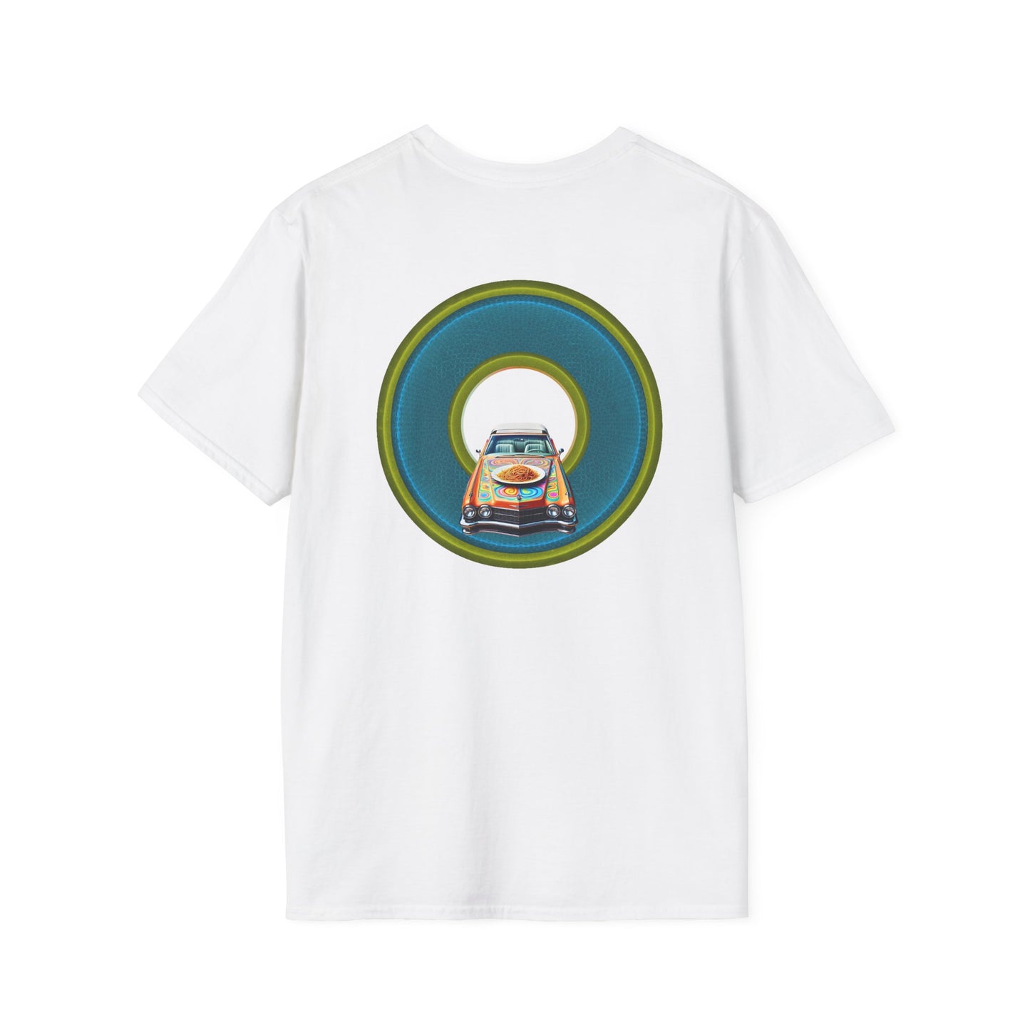 Classic Donut Tee - Unisex Soft-Style - "Cadillac Rainbow Spaghetti Incident" - series 1.0  - variant 1 - blue/green donut