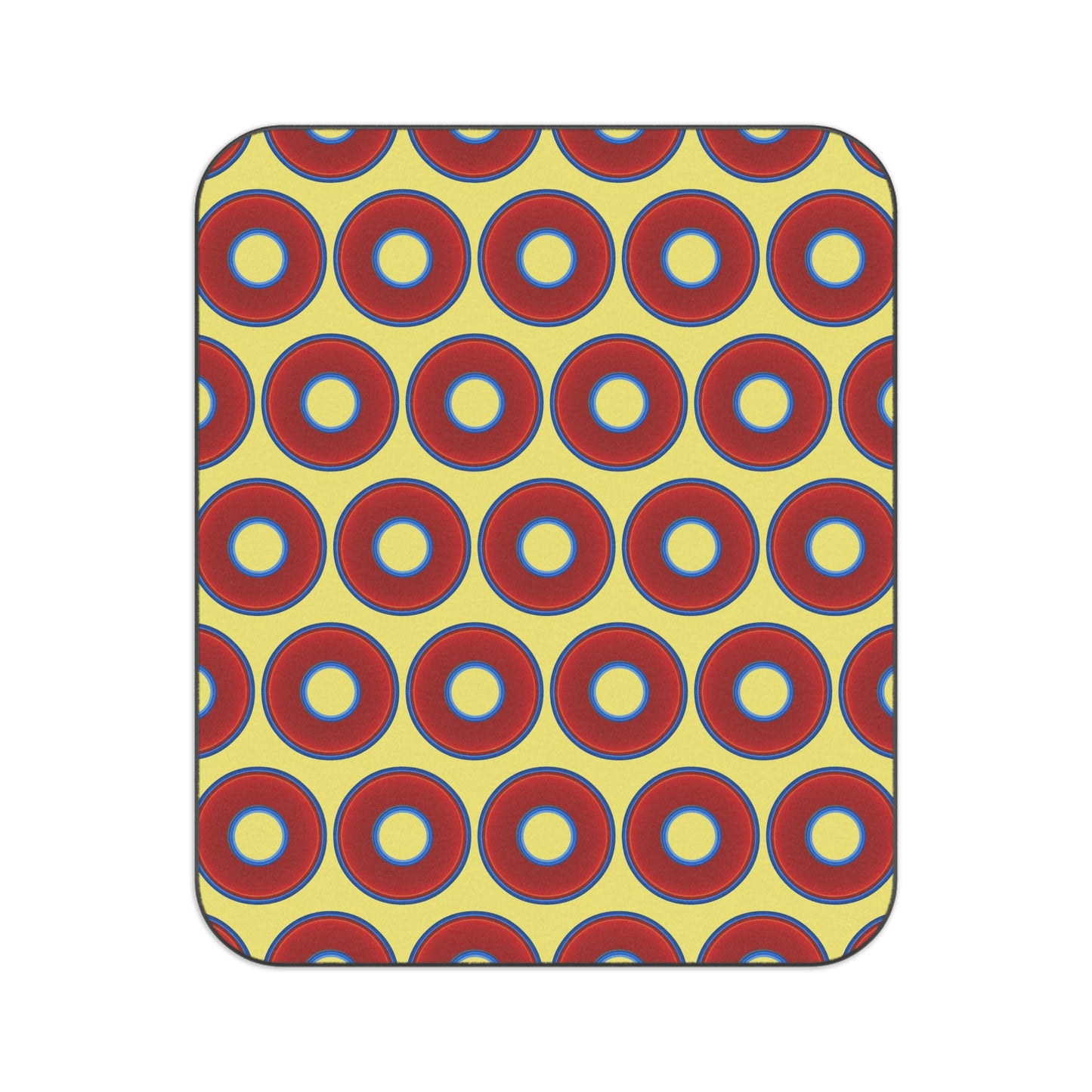 The Lumpy Party Blanket - giant water-resistant outdoor blanket [61" x 51"] - vivid red donuts w/yellow background