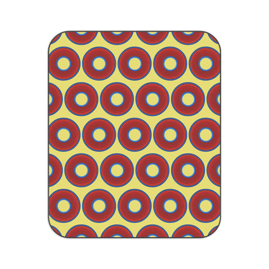 The Lumpy Party Blanket - giant water-resistant outdoor blanket [61" x 51"] - vivid red donuts w/yellow background