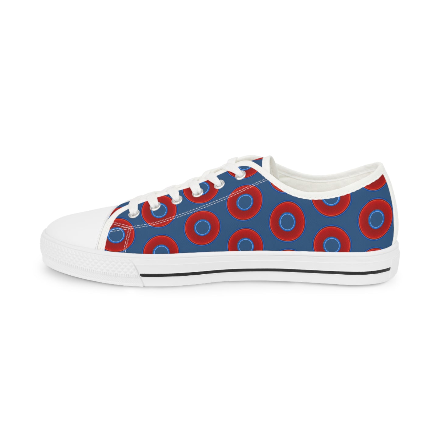 Men's - Low Top Chuck Taylors - large vivid red donut print w/light navy blue background