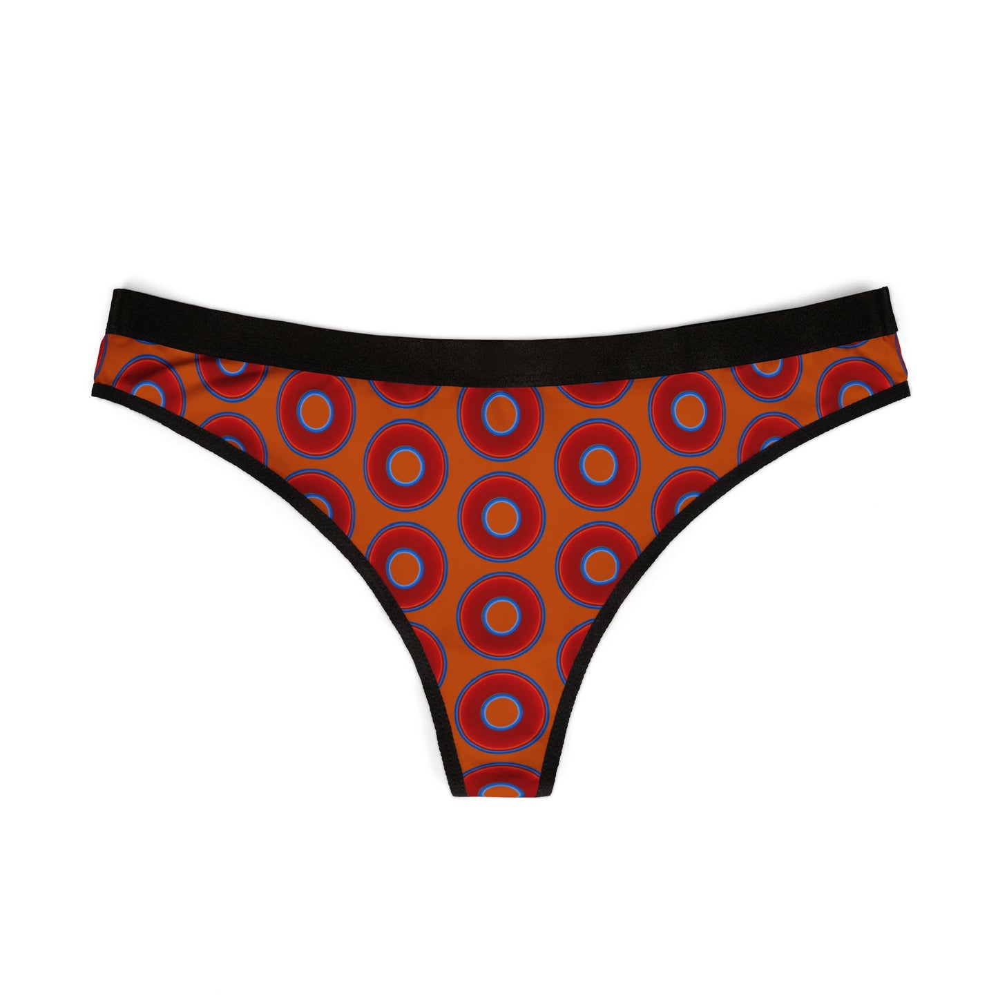 Lumpy Donut Thongs - red vivid donut print w/dark orange background