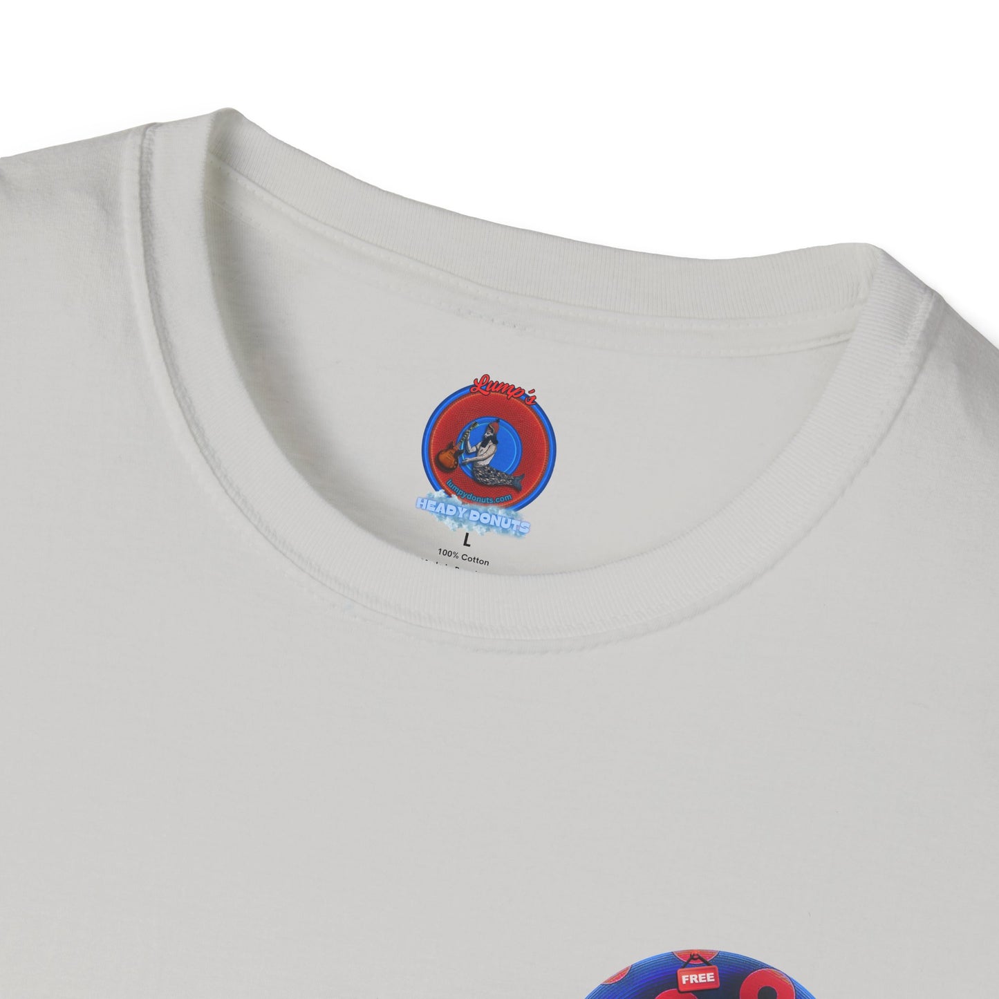 Classic Donut Tee - Unisex Soft-Style - "Donuts of Phreedom" - red/blue paradoxical blimpy donut