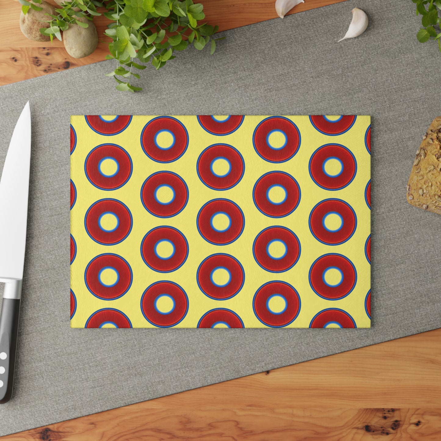 My Friend's Cutting Board - vivid red donuts w/yellow background