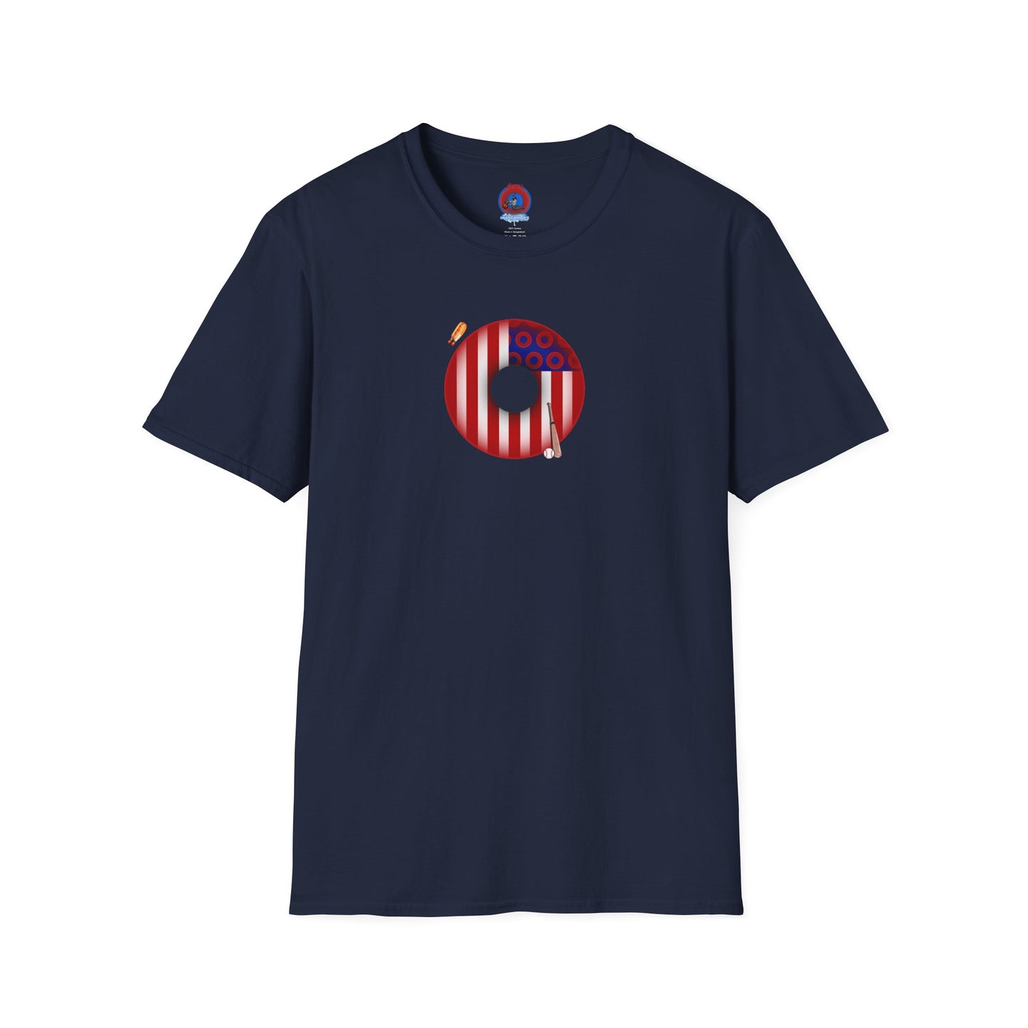 Classic Donut Tee - Unisex Soft-Style - "Uncle Sam's Donuts & Stripes" - vivid flag donut w/raw dogger