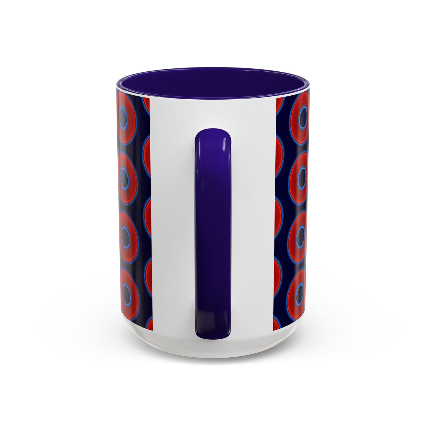 Lump's Grumpy Coffee Mug - vivid red donuts w/midnight blue background