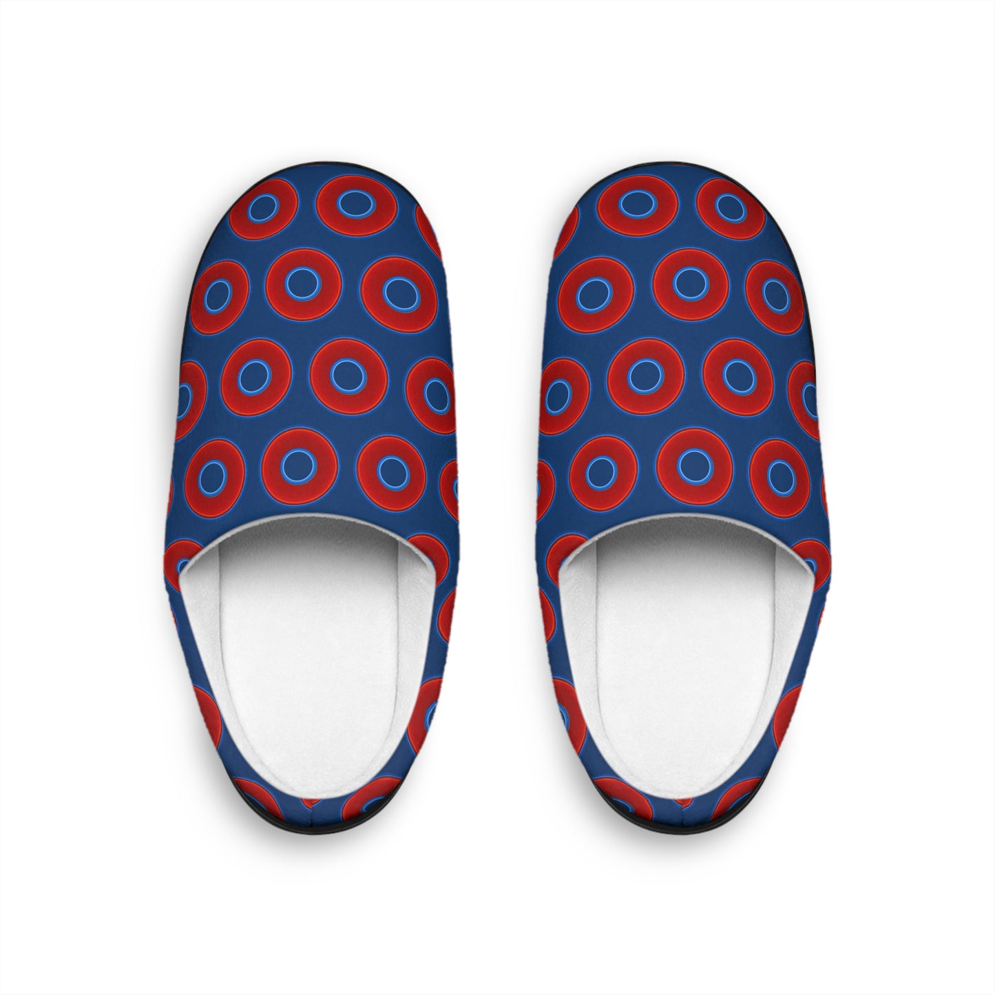 Men's Lumpy Slippers - red vivid donut print w/Atlantic navy blue background