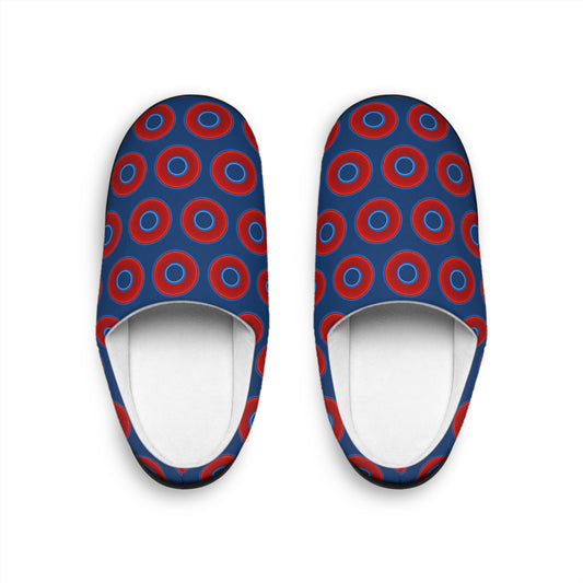 Men's Lumpy Slippers - red vivid donut print w/Atlantic navy blue background