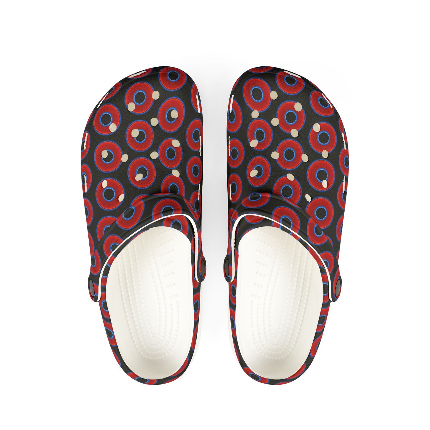Spatchcocks - donut slip-on shoes - vivid red donuts w/black background [unisex]