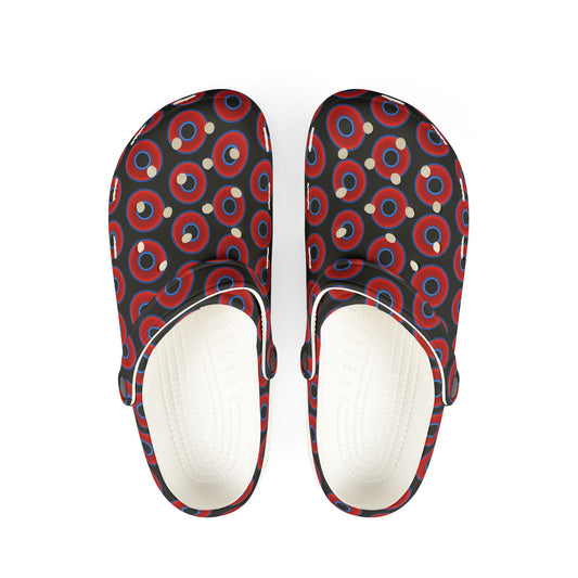 Spatchcocks - donut slip-on shoes - vivid red donuts w/black background [unisex]