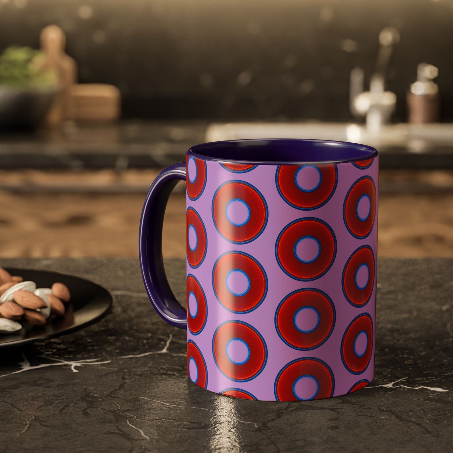 Lump's Grumpy Coffee Mug - vivid red donuts w/wisteria purple background