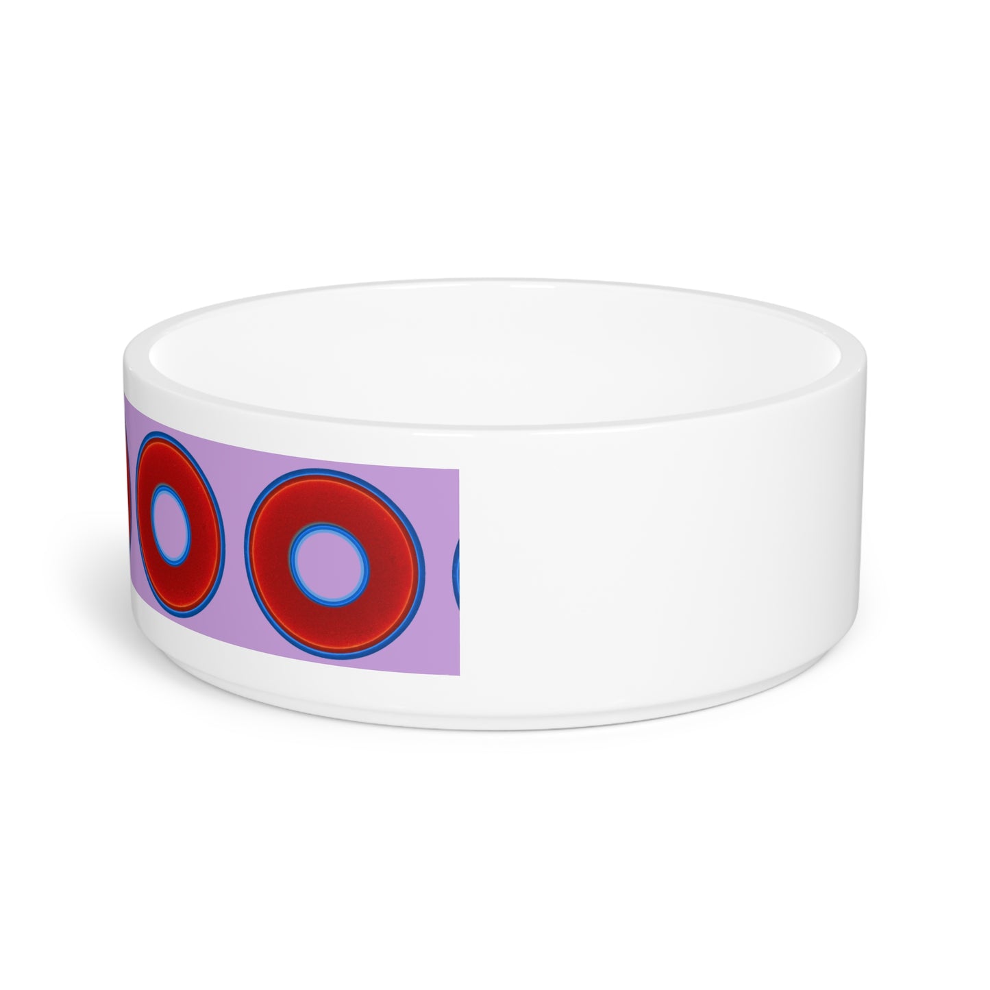 16 oz Lumpy Pet Bowl - vivid red donuts w/wisteria purple background