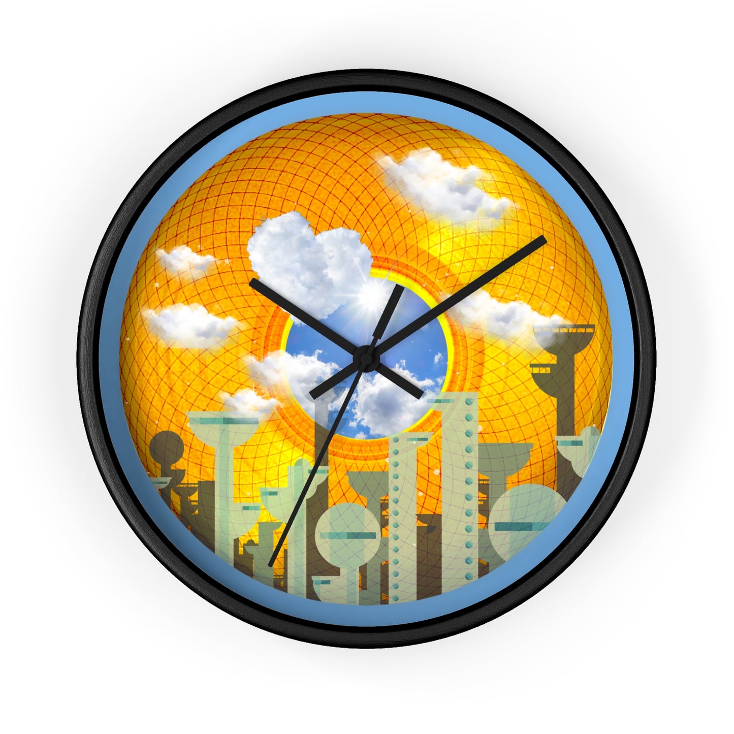 Lumpy Wall Clock - "The Golden Age of Donuts" - gold symmetrical donut w/light blue background