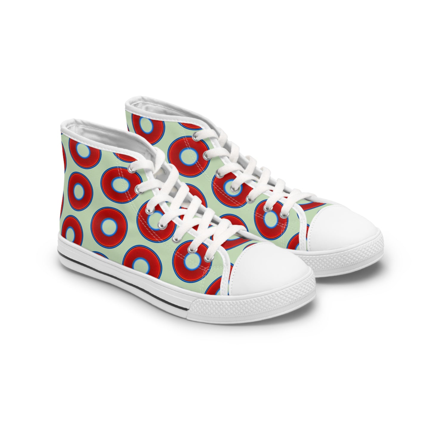 Women's High Top Chuck Taylors - large vivid red donut print w/seafoam background