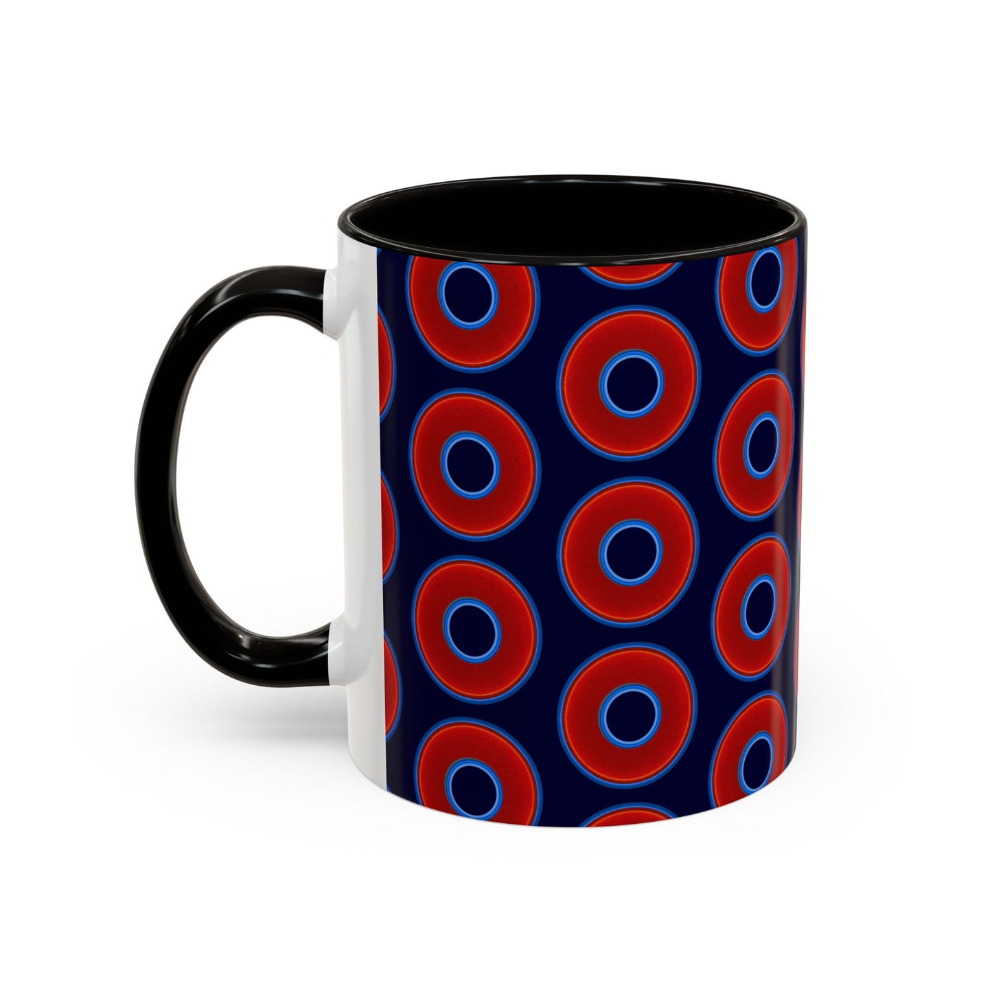 Lump's Grumpy Coffee Mug - vivid red donuts w/midnight blue background