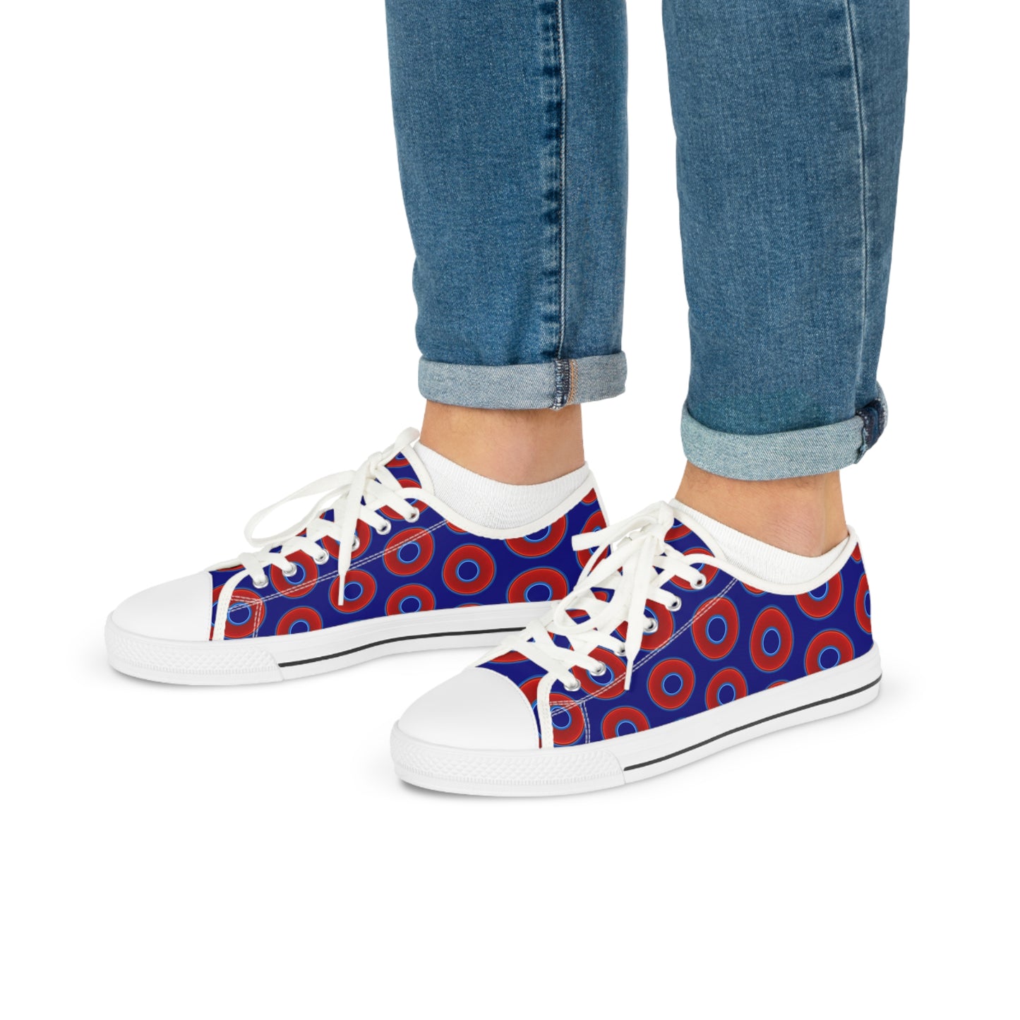 Men's - Low Top Chuck Taylors - large vivid red donut print w/vivid navy blue background