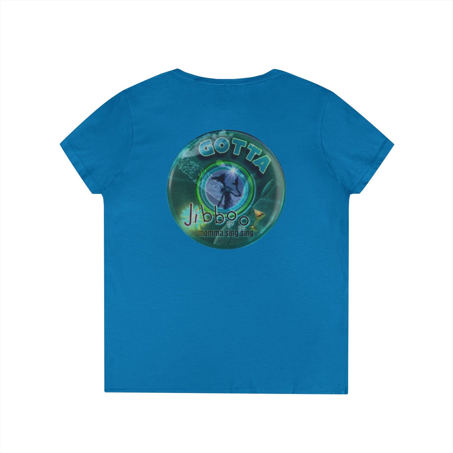 Women's Donut V-Neck Tee - "Momma just got out of Sing Sing" - vivid teal green donut w/