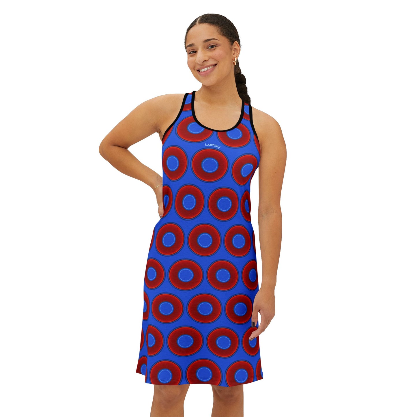 Tela's Lumpy Racerback Donut Dress - red vivid donut print w/medium royal blue background