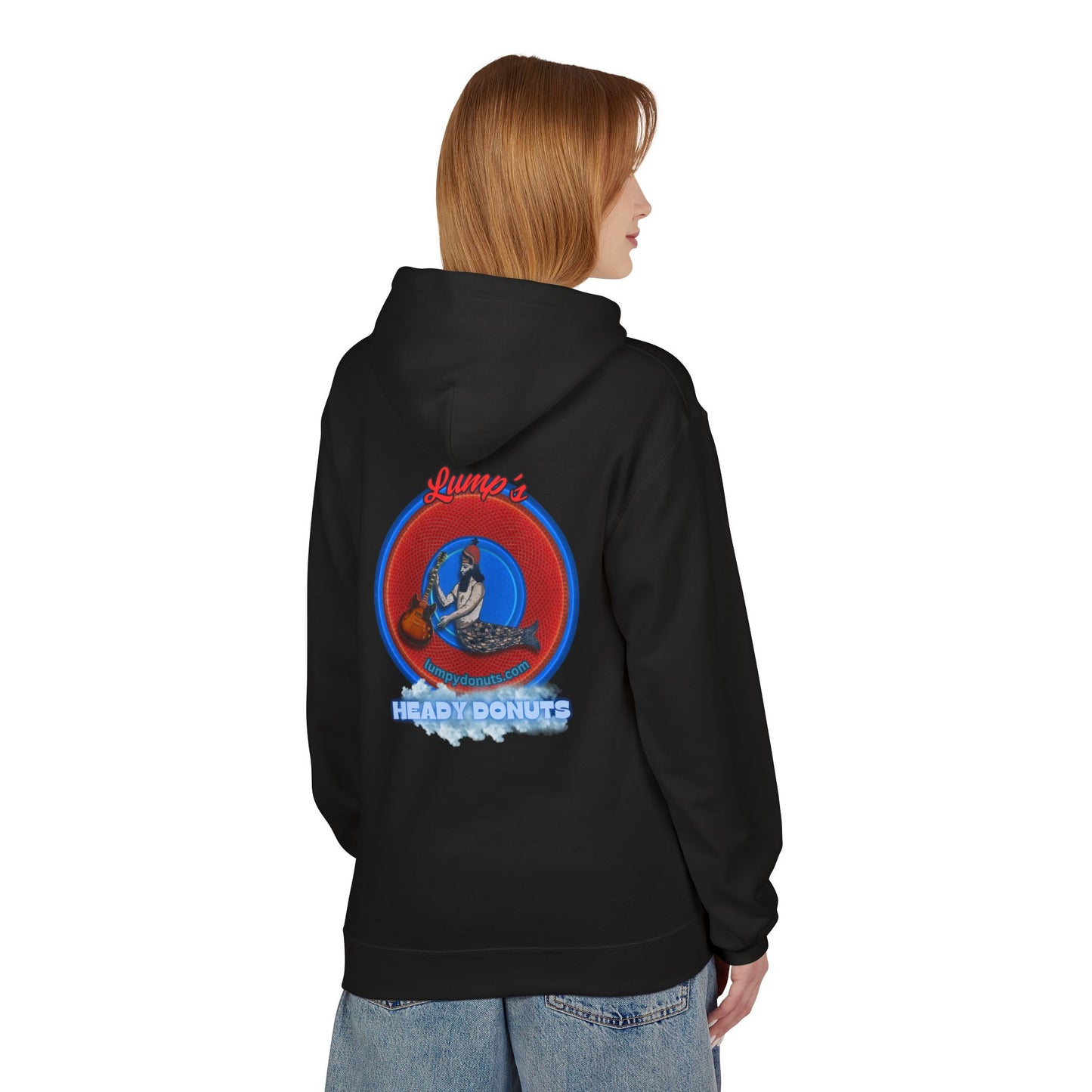 Unisex Fleece Hoodie - [Midweight Soft-style] - "Lump's Heady Logo" - w/rustic red donuts
